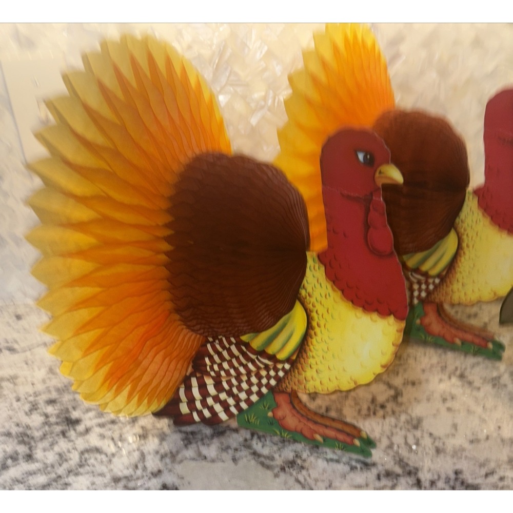 2 Vintage RUSS Turkey Centerpiece Honeycomb Fold‎ Cutout Tabletop Thanksgiving